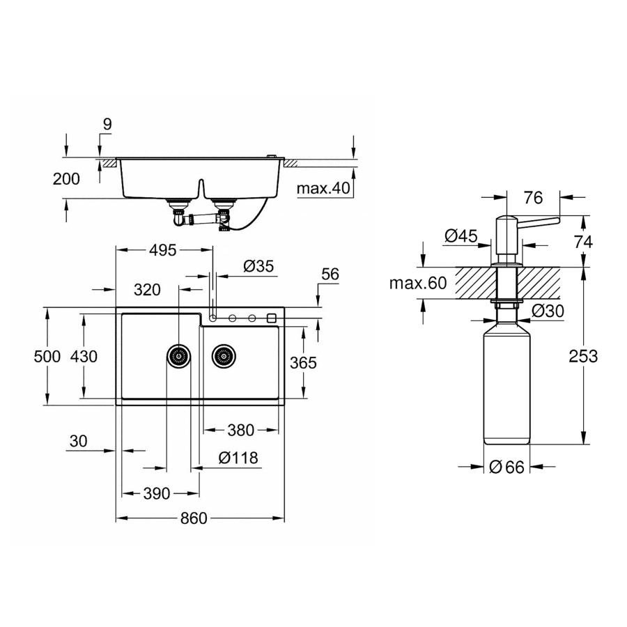 Кухонная гранитная мойка Grohe K500 31649AP0 + дозатор для моющего средства Contemporary 40536000