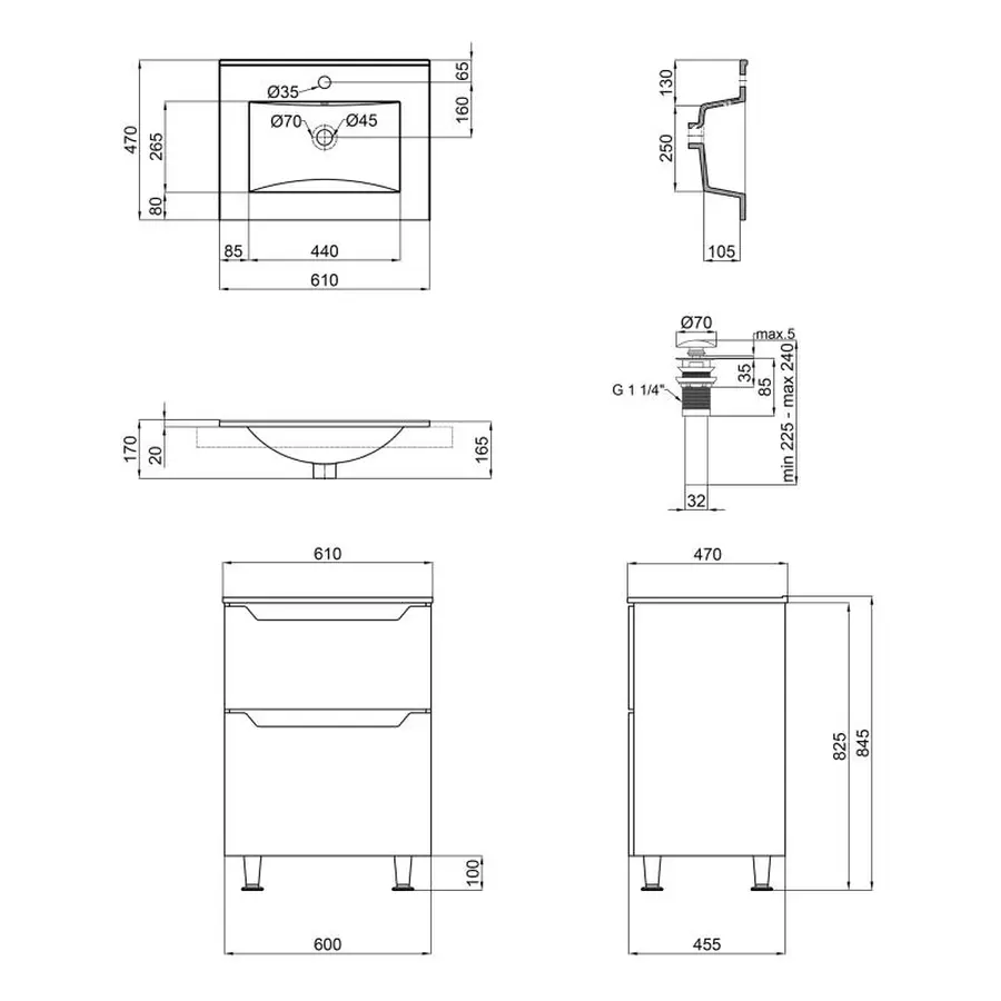 Комплект Qtap Scorpio 605х825х460 Graphite тумба підлогова + раковина урізна QT1471TNВ6023060CG