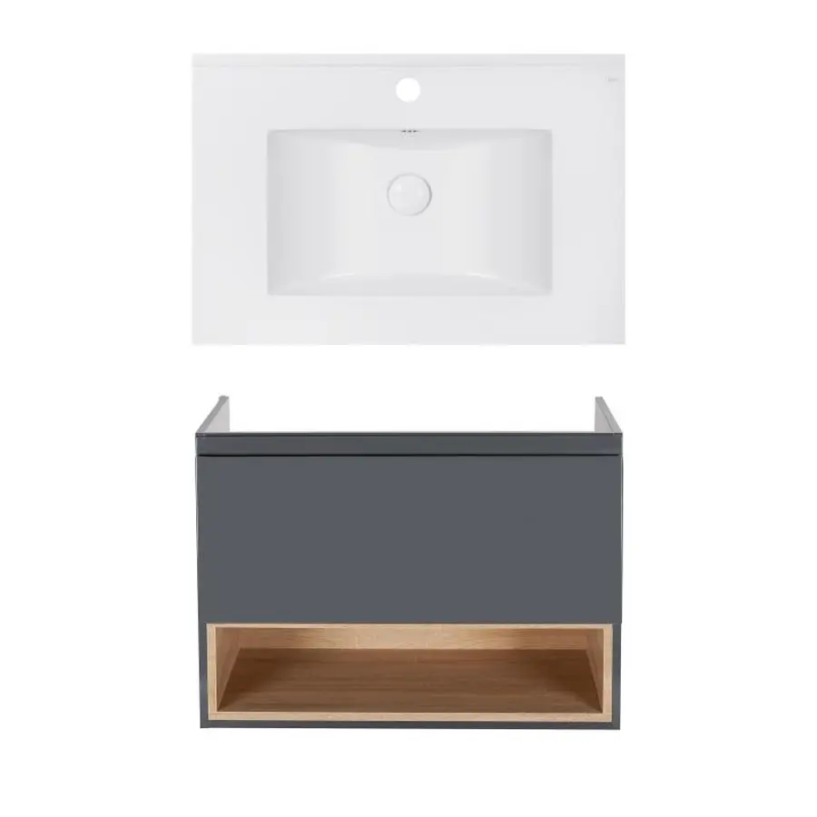 Комплект Qtap тумба підвісна Robin 700х580х437 мм Graphite/Whitish oak + раковина урізна Albatross E QT71RO44049