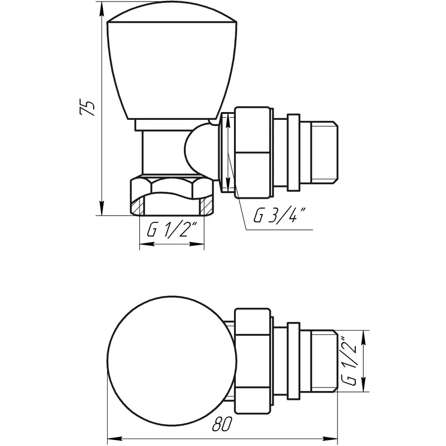 Кран радіаторний кутовий SOLOMON 1/2″ з гумовим ущільнювачем 160404 верх