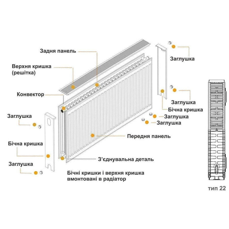 Радіатор сталевий панельний KALDE 22 низ/справа 600х1000 (без OUTER)