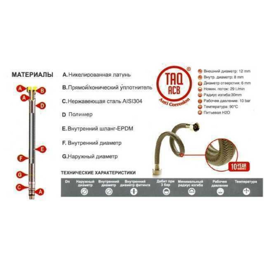 Шланг для смесителя TUCAI М10х1 / 2 "длинная. 0, 5 м. Антикоррозия TAQ GRIF ACB 204467