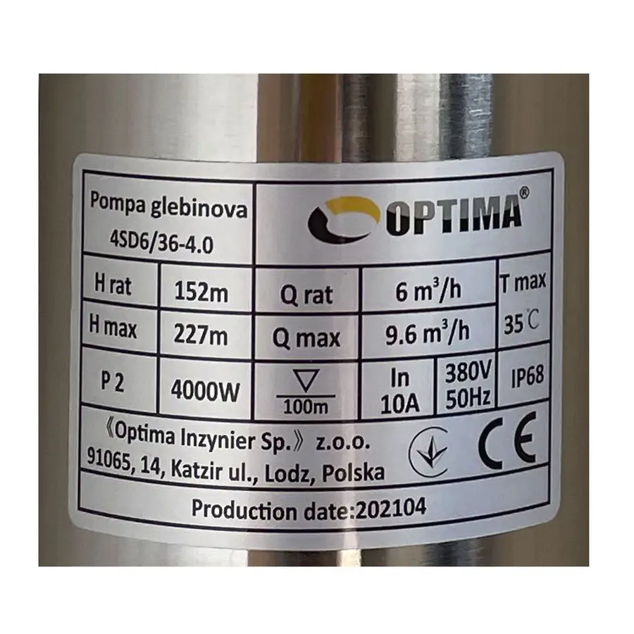 Насос свердловинний з підв, стійк, до піску OPTIMA 4SD6/36 4,0 кВт 227м 3-фазний ( 2 частини )