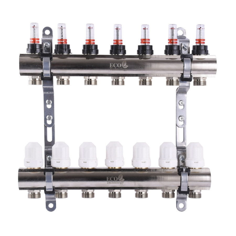 Колектор з вимірювачем витрат, регуляторами та кріпленням ECO 001D 1″x7