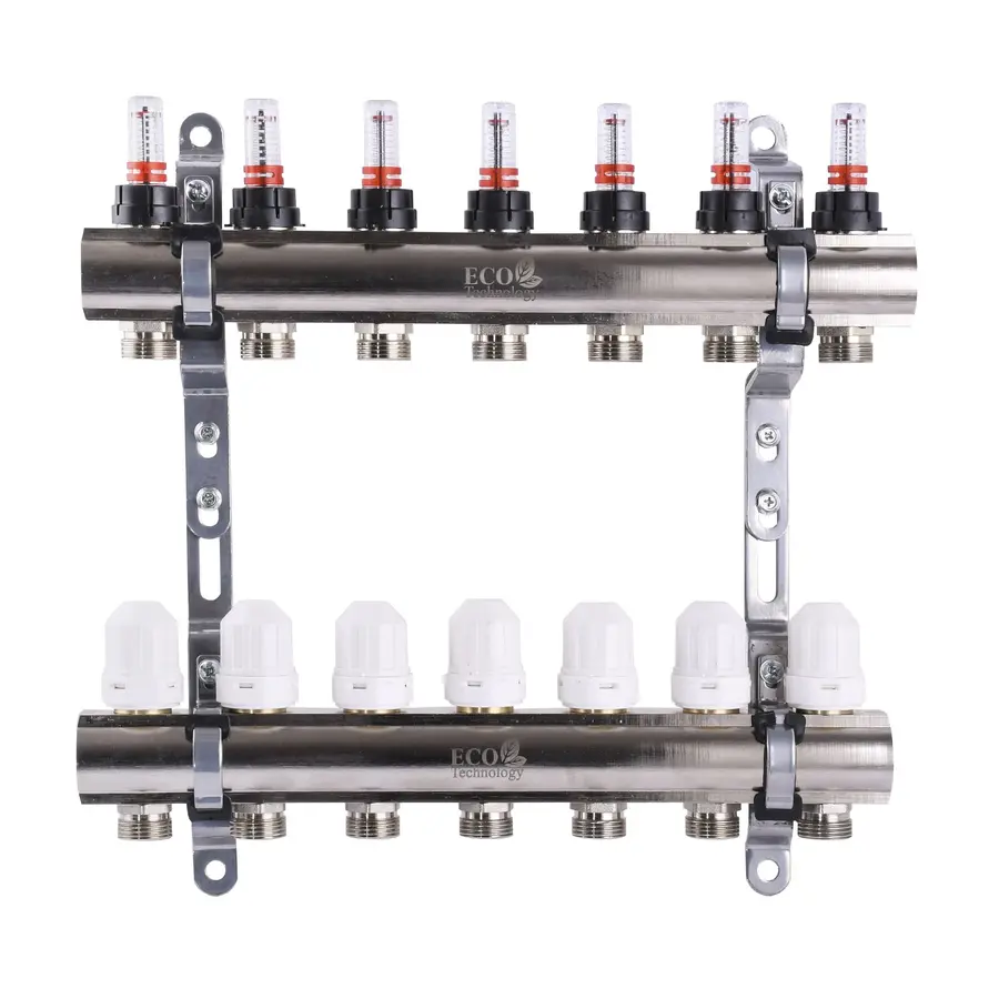 Колектор з вимірювачем витрат, регуляторами та кріпленням ECO 001D 1″x7
