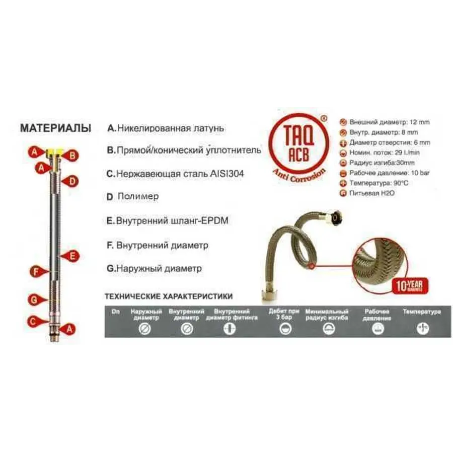 Шланг для смесителя TUCAI М10х1 / 2 "длинная. 0, 6м. Антикоррозия TAQ GRIF ACB 204468
