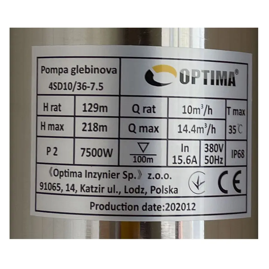 Насос свердловинний з підв, стійк, до піску OPTIMA 4SD10/36 7,5 кВт 218м 3-фазний ( 2 частини )