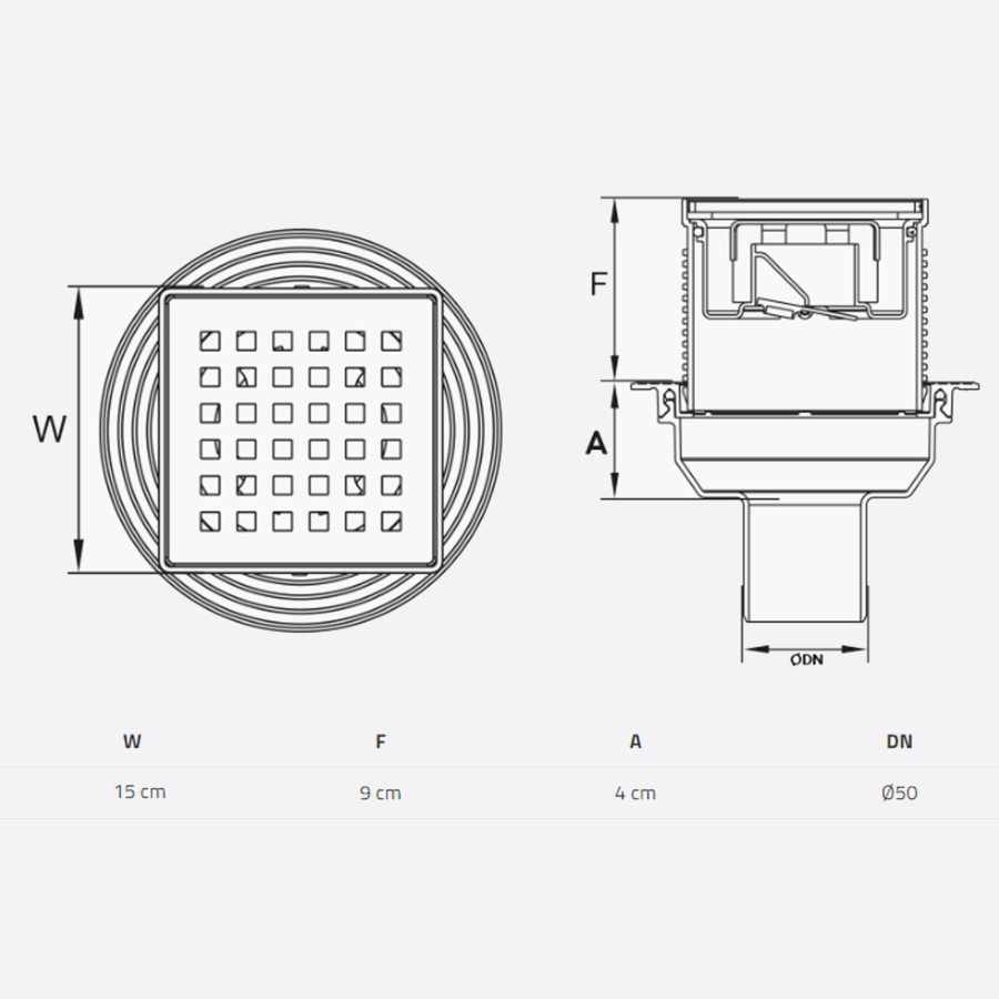 TM432-TILLO Трап з сухим затвором DN50, нерж,решiтка 150*150 Вертик,з фланцем,Туречччина