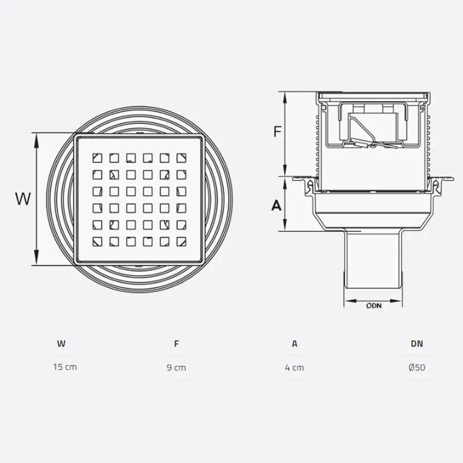 TM432-TILLO Трап з сухим затвором DN50, нерж,решiтка 150*150 Вертик,з фланцем,Туречччина