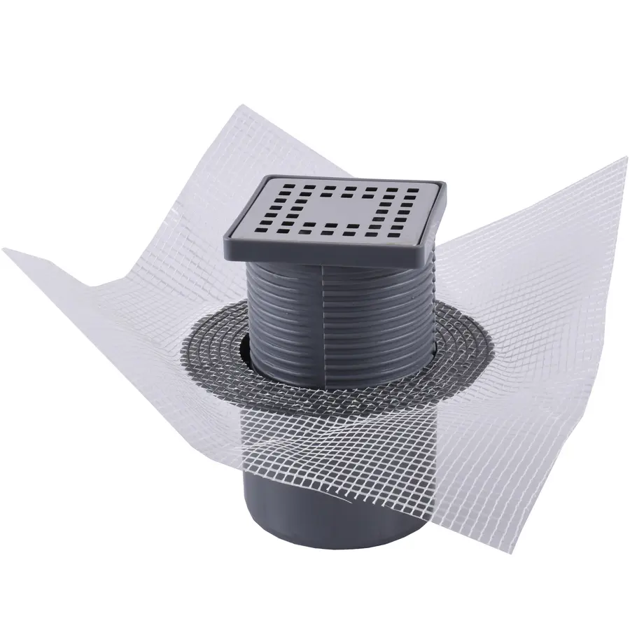 TM424-TILLO Трап з сухим затвором DN100, нерж,решiтка 100*100 Вертик,з фланцем,Туречччина