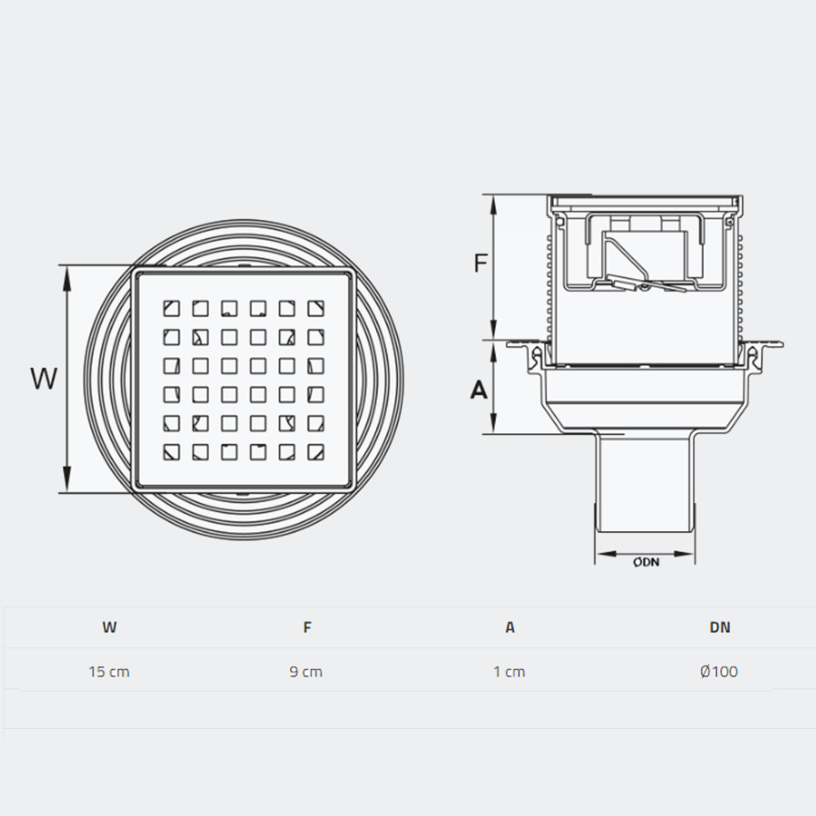 TM434-TILLO Трап з сухим затвором DN100, нерж,решiтка 150*150 Вертик,з фланцем,Туречччина