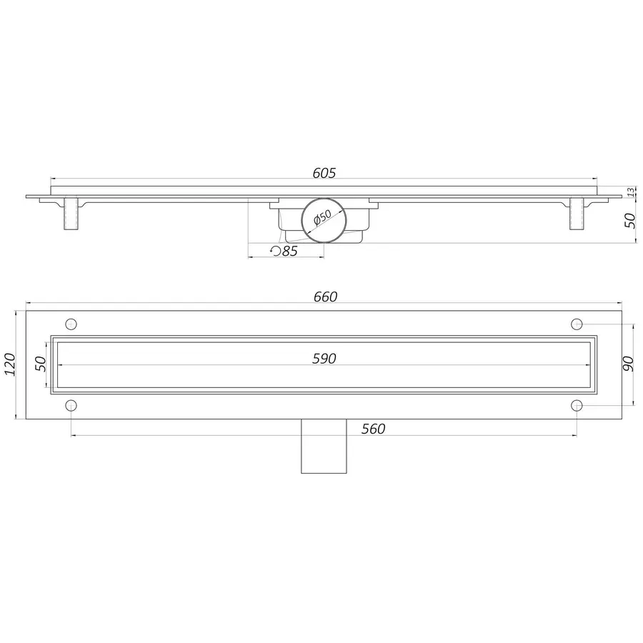 93736(TM009-60C)-Трап лінійний душовий TEMA-TILLO-60см,нерж. решітка під плитку, сухий затвір, Туреччина