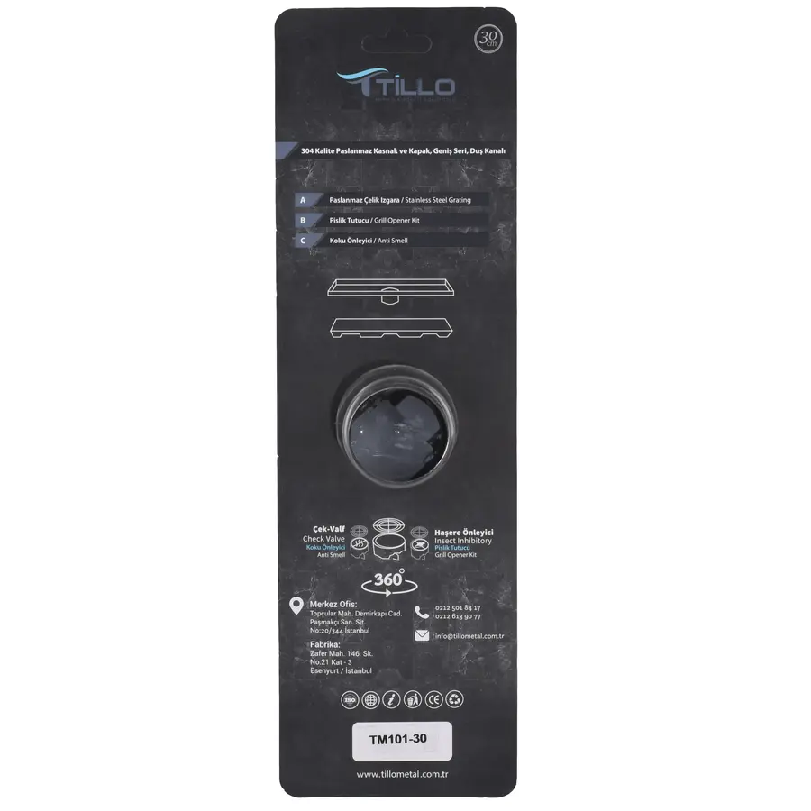 TM101-30-TILLO Трап Нерж.SUS304 з нерж. решіткою100х300, DN 50,сухий затвір без сифону, Туреччина