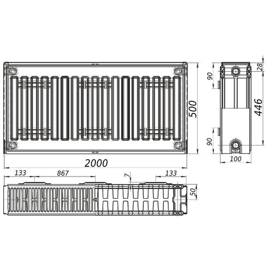 Радіатор сталевий панельний QUEEN THERM 22 бок 500х2000