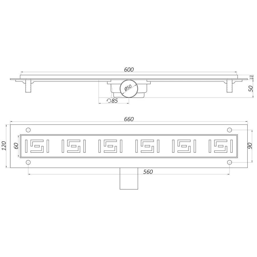 93766(TM009-60)-Трап лінійний душовий TEMA-TILLO-60см,нерж. решітка, сухий затвір(поворотній)Туреччина