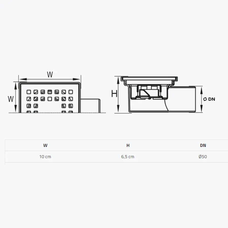 TM207-TILLO Трап пласт., решітка нерж.100х100, горизонт. DN 50,сухий затвір(поворотній), Туреччина