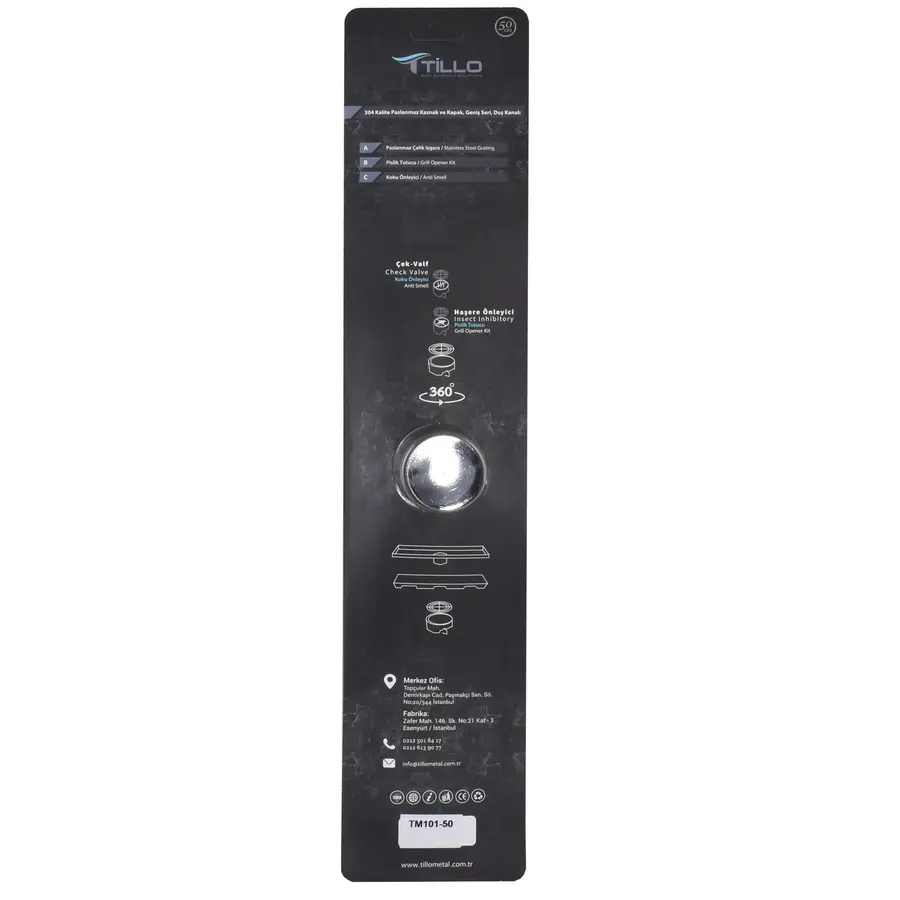TM101-50-TILLO Трап Нерж.SUS304 з нерж. решіткою100х500, DN 50,сухий затвір без сифону, Туреччина