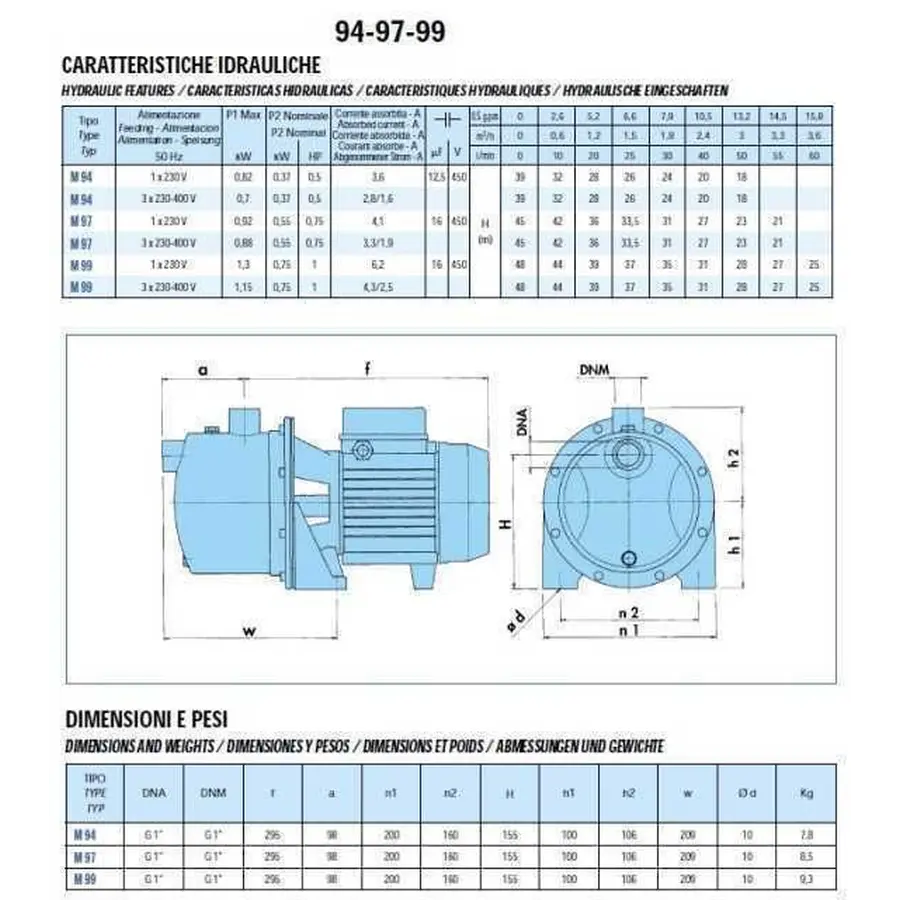 Насос центробежный M-97-N PL нерж. 0,55 кВт SAER (3,3 м3 / ч, 45 м)