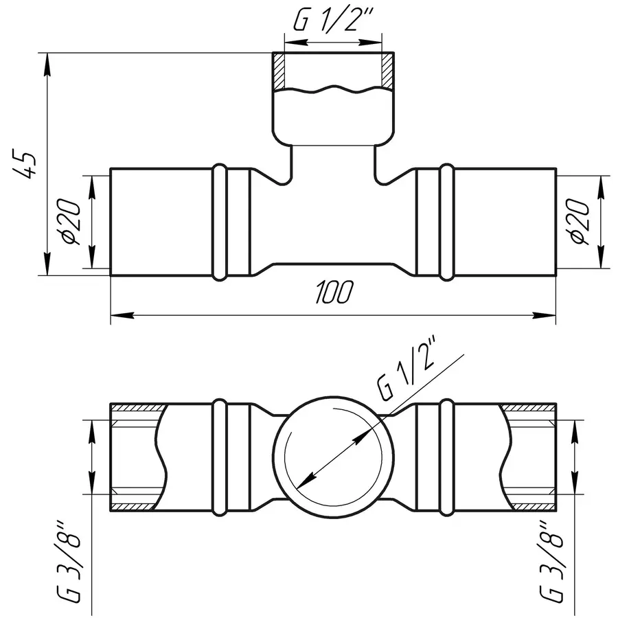 Тройник с внутренней резьбой пресс APE ITALY AP 132 20х1 / 2х20