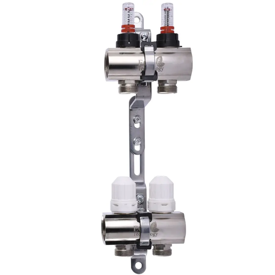 Колектор з вимірювачем витрат, регуляторами та кріпленням ECO 001D 1″x2