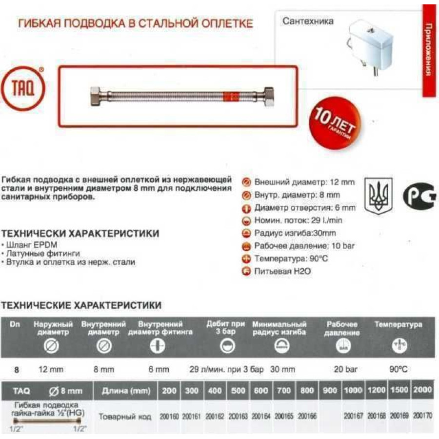 Шланг водяний TUCAI 1/2″x1/2″ ВВ 1,0м TAQ HG-1212-1000 200167