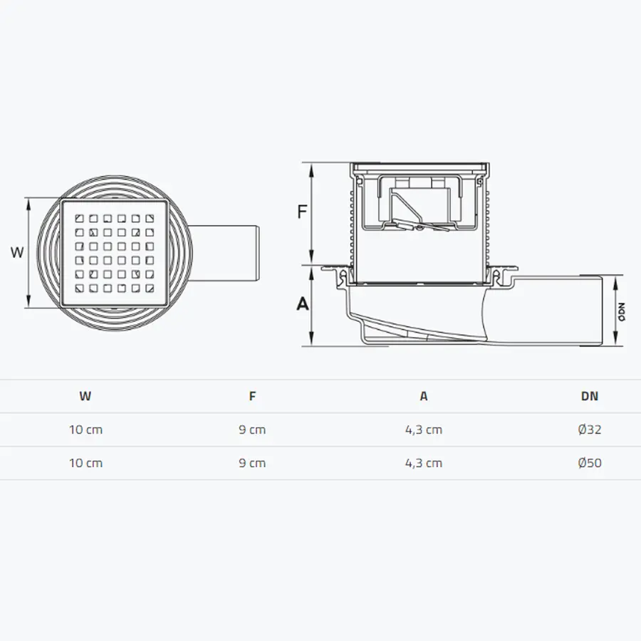 TM421-TILLO Трап з сухим затвором DN50, нерж,решiтка 100*100 гориз,з фланцем,Туречччина