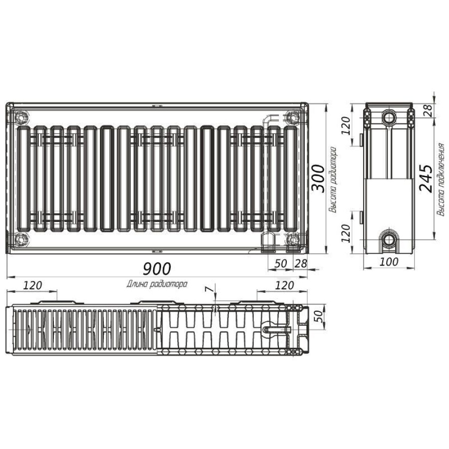 Радіатор сталевий панельний KALDE 22 низ/справа 300x900 (без OUTER)