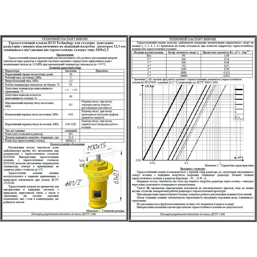 Клапан OUTER під термоголовку М30x1,5 панельного радіатора KALDE, ECO5029 1/2″х41мм