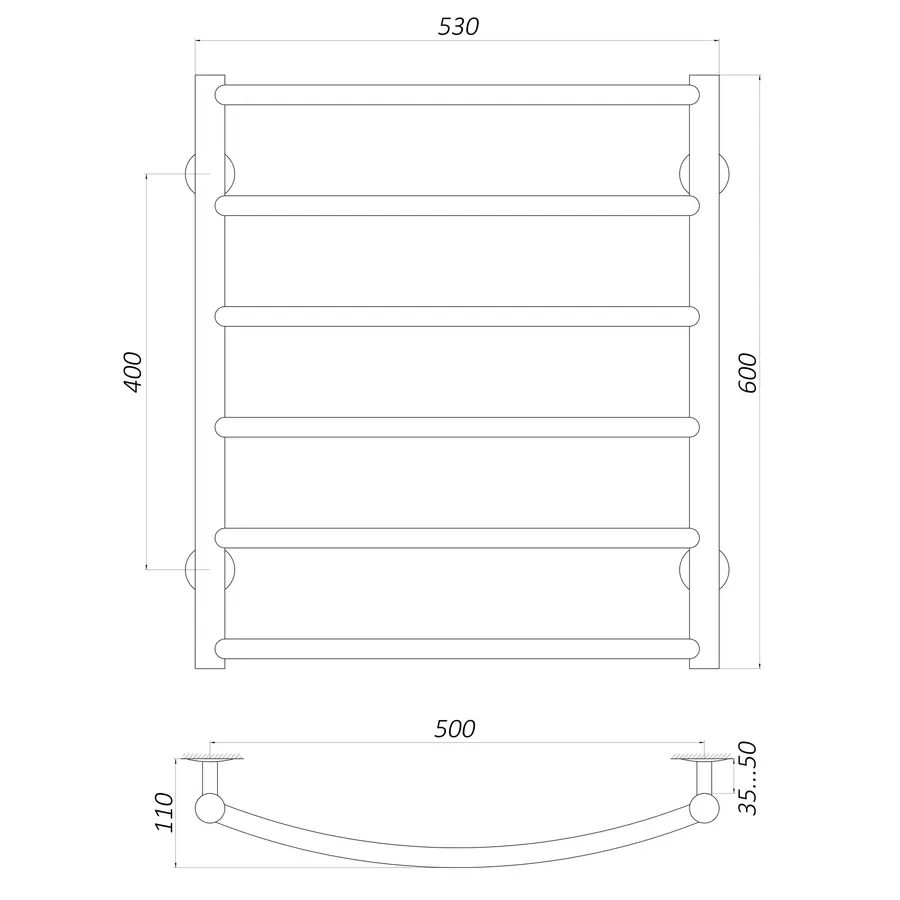 Полотенцесушитель UNIO LD W 600-500-6 Лесенка Дуга вода