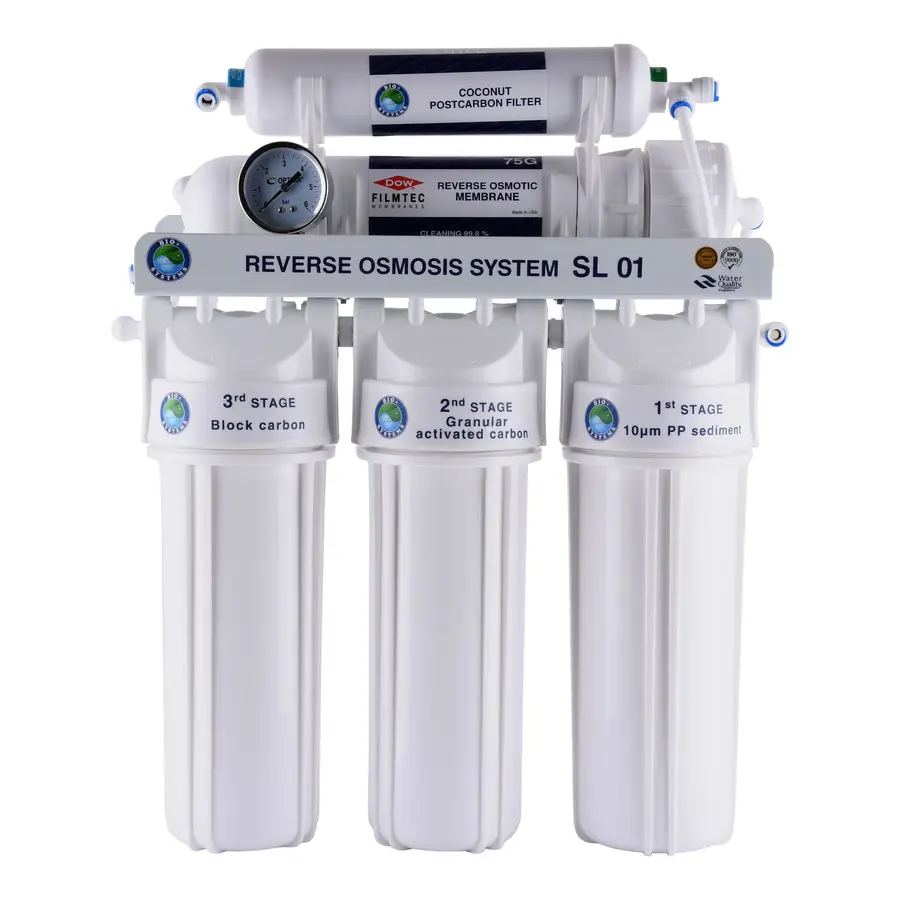 Система н. осмоса Bio + systems (мембр.Filmtec, водоворот. США) без насоса RO-75-SL01 + ПЛАСТ. бак