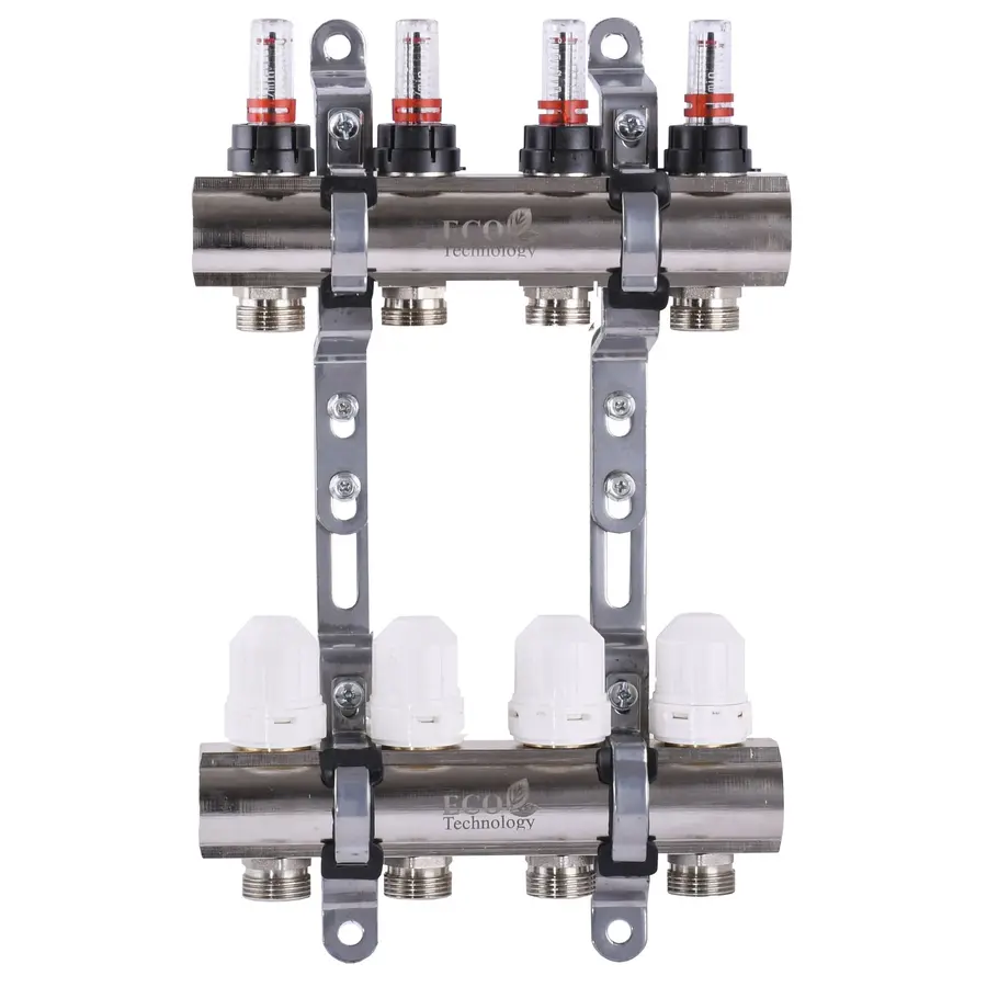 Колектор з вимірювачем витрат, регуляторами та кріпленням ECO 001D 1″x4