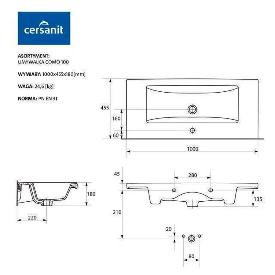 Умывальник мебельный Cersanit COMO 100 в коробке