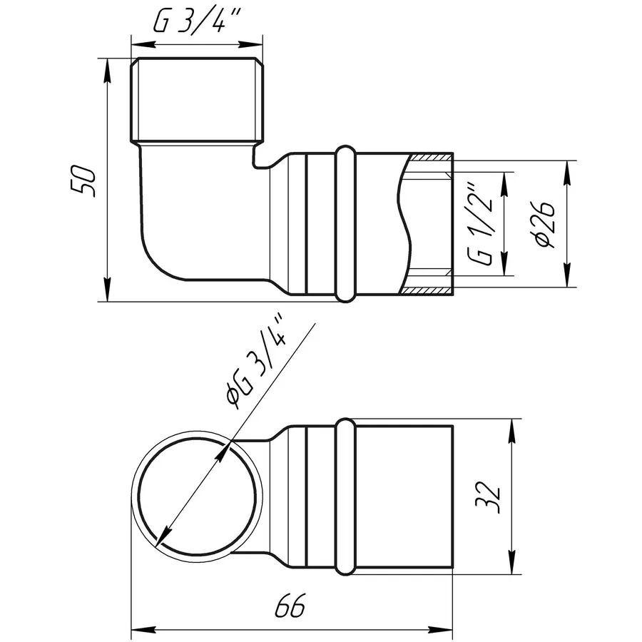 Кутник із зовнішньою різьбою прес APE ITALY AP 153 3/4″х26