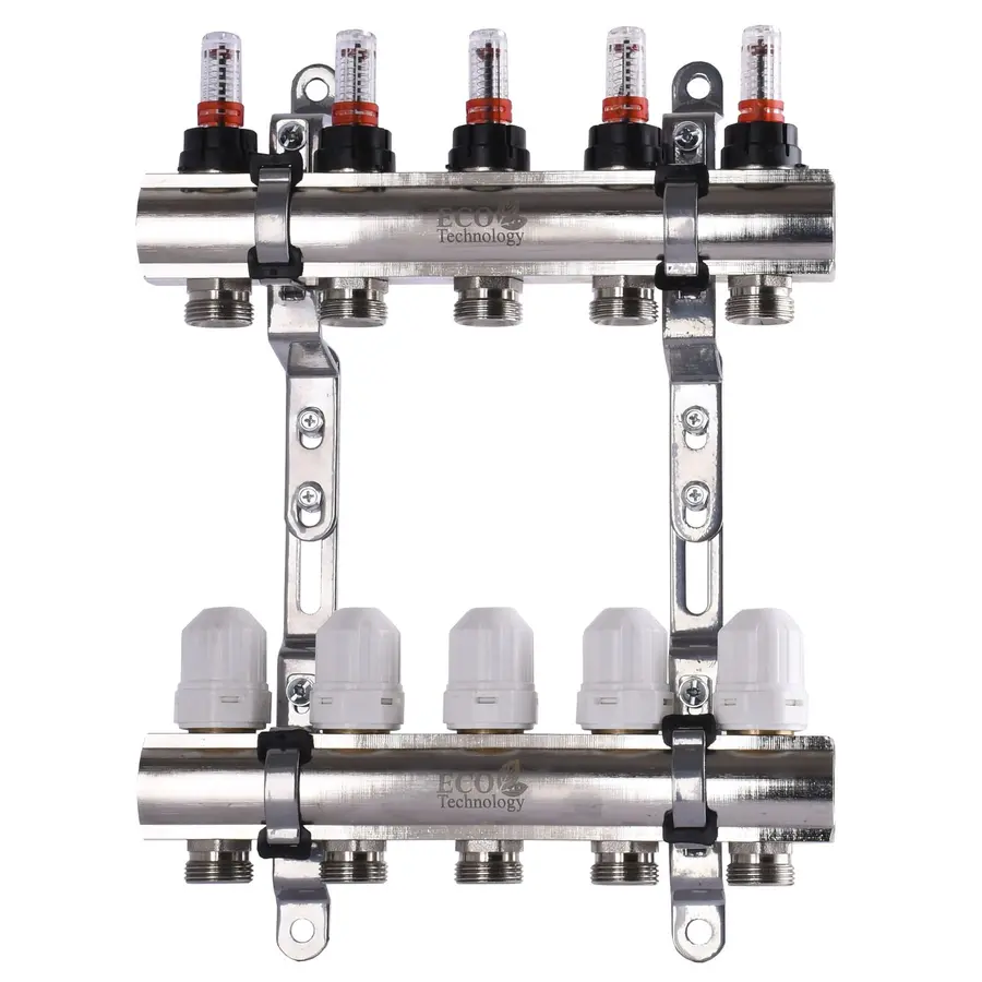Колектор з вимірювачем витрат, регуляторами та кріпленням ECO 001D 1″x5