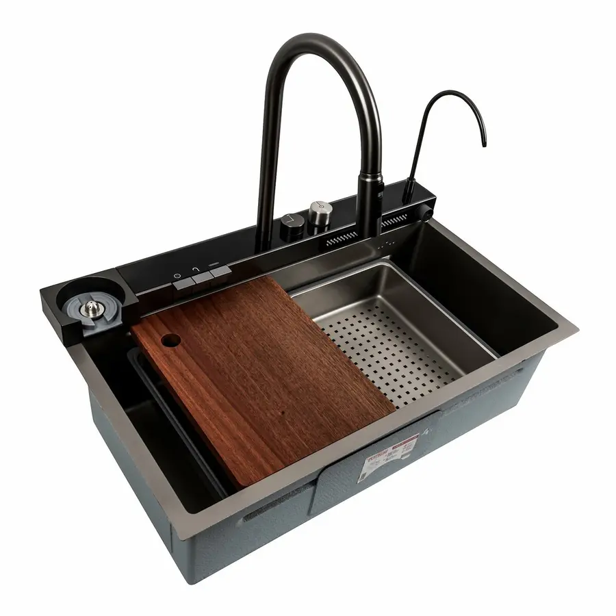 Кухонная мойка 75*46D PVD серая Platinum Handmade "ВОДОСПАД"