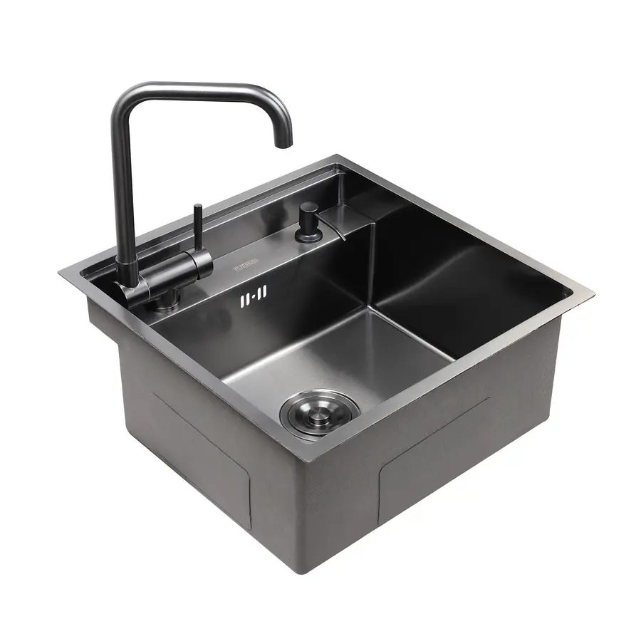 Кухонна прихована мийка Platinum Handmade PVD чорна 500x500x220 (змішувач в комплекті)