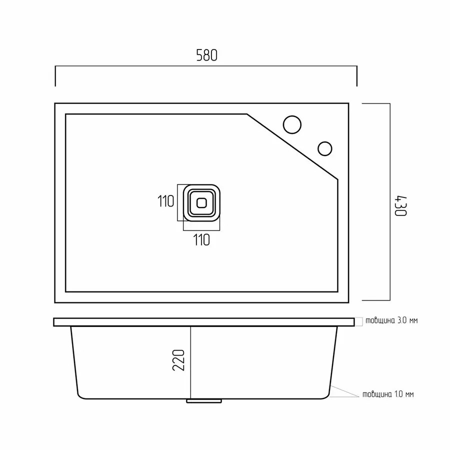 Мийка нержавійка Platinum Handmade 58*43B HSB (квадратний сифон 3,0/1,0)