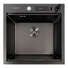 Кухонна мийка 50*50 PVD чорна VALESO Handmade з підставкою для ножів (сифон круглий, 3,0/0,8)