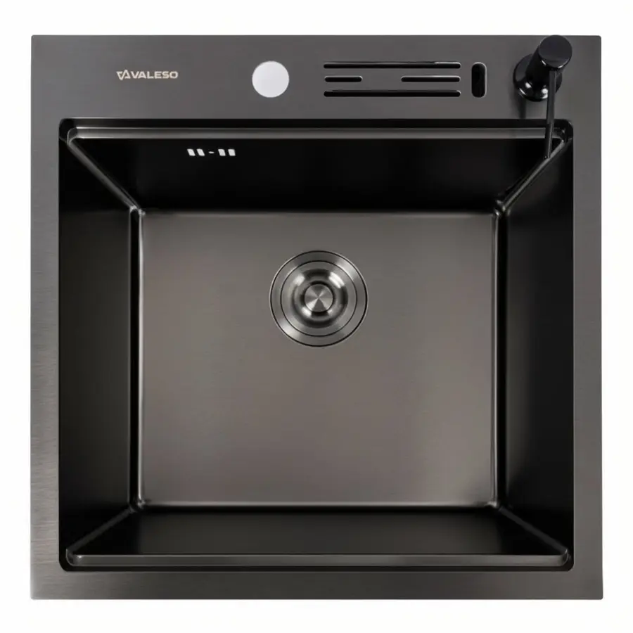 Кухонна мийка 50*50 PVD чорна VALESO Handmade з підставкою для ножів (сифон круглий, 3,0/0,8)
