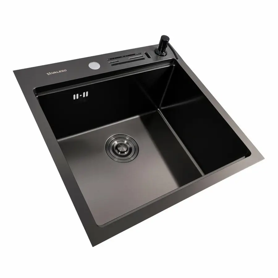 Кухонна мийка 50*50 PVD чорна VALESO Handmade з підставкою для ножів (сифон круглий, 3,0/0,8)