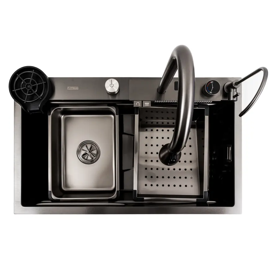Кухонная мойка 75*45G черная Platinum Handmade "Водопад"