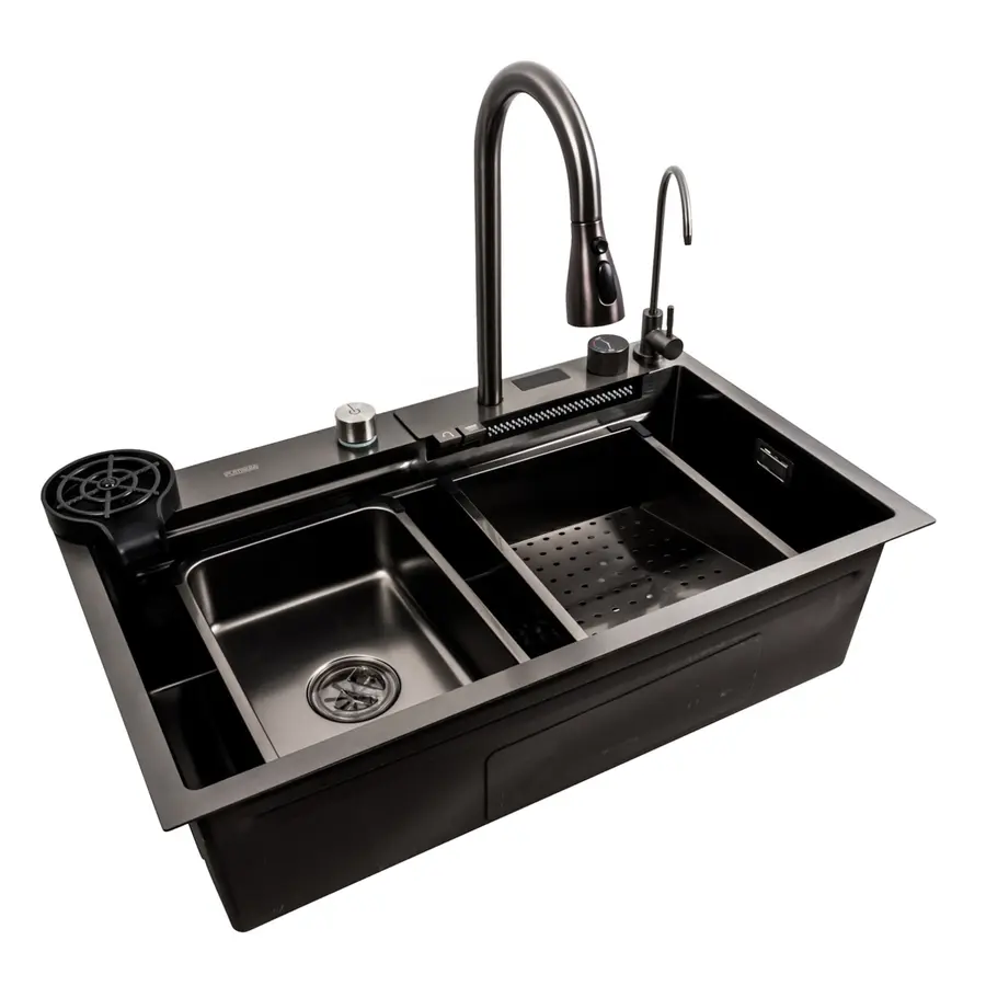 Кухонная мойка 75*45G черная Platinum Handmade "Водопад"