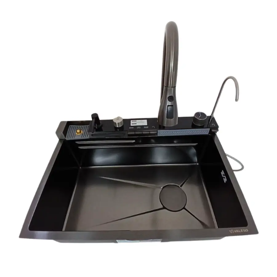 Мойка кухонная PVD черная Valeso Handmade "Водопад" (ДЕКОР) 68х45M