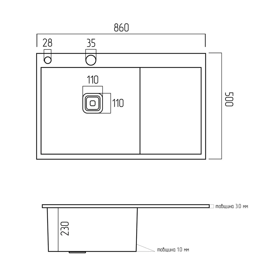 Кухонна мийка Platinum Handmade 860х500х230 L (квадратний сифон 3,0/1,0)
