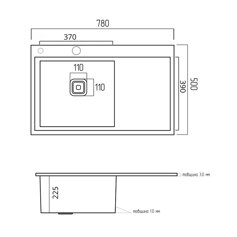 Мийка нержавійка Platinum Handmade 78*50B L (два отвори ,квадратний сифон 3.0/1.0)