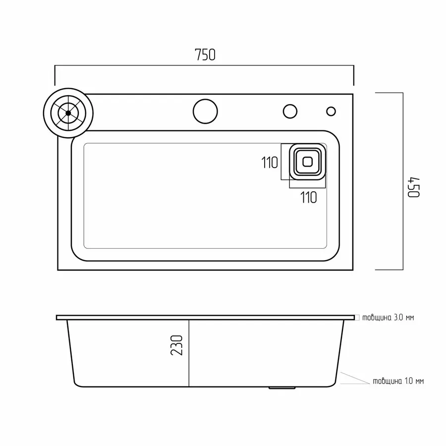 Кухонная мойка 75*45B PVD сатин Platinum Handmade "ВОДОСПАД"