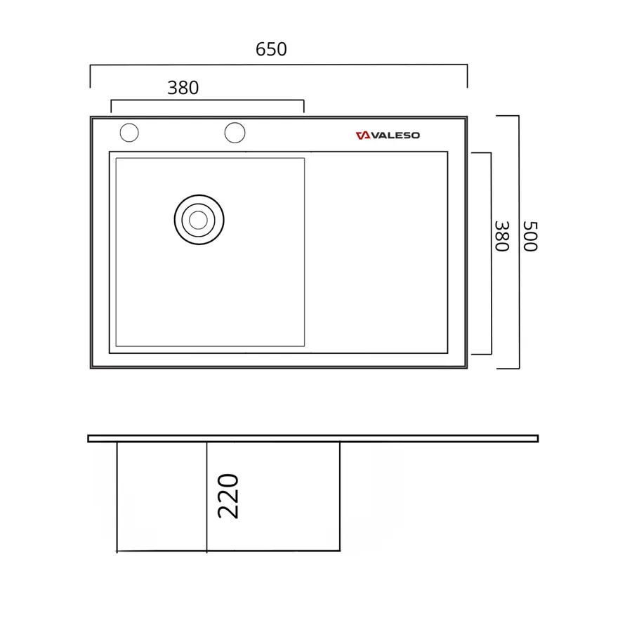 Кухонна мийка CM 65*50 L нержавійка VALESO Handmade (круглий сифон 3.0/0.8)