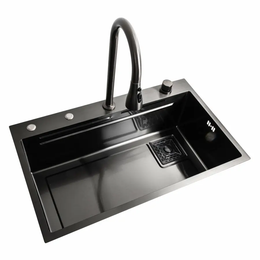 Кухонная мойка 75*45A PVD черная Platinum Handmade "ВОДОСПАД"