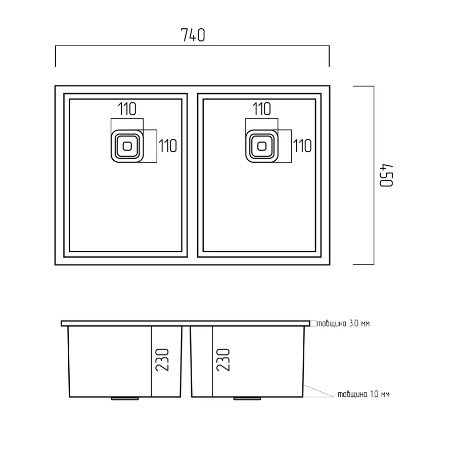Мийка на дві чаші Platinum Handmade HSB нержавійка (квадратний сифон 3.0/1.0 мм, монтаж під столешню)