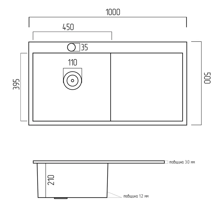 Кухонна мийка Platinum Handmade 1000х500 L (з кріпленням + повна комплектація)